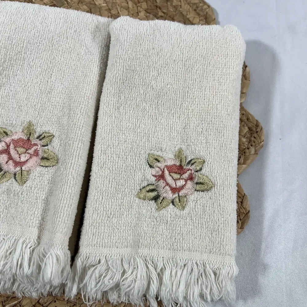 Vintage Set of 3 Avanti Ivory Pink Flower Rose Fingertip Hand Towels 100% Cotton